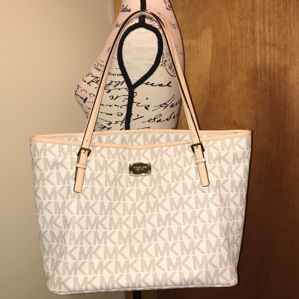 Michael Kors Beige and White MK Logo Tote